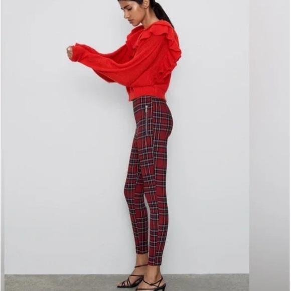 ZARA red plaid punk pants with zippers - Picture 6 of 7